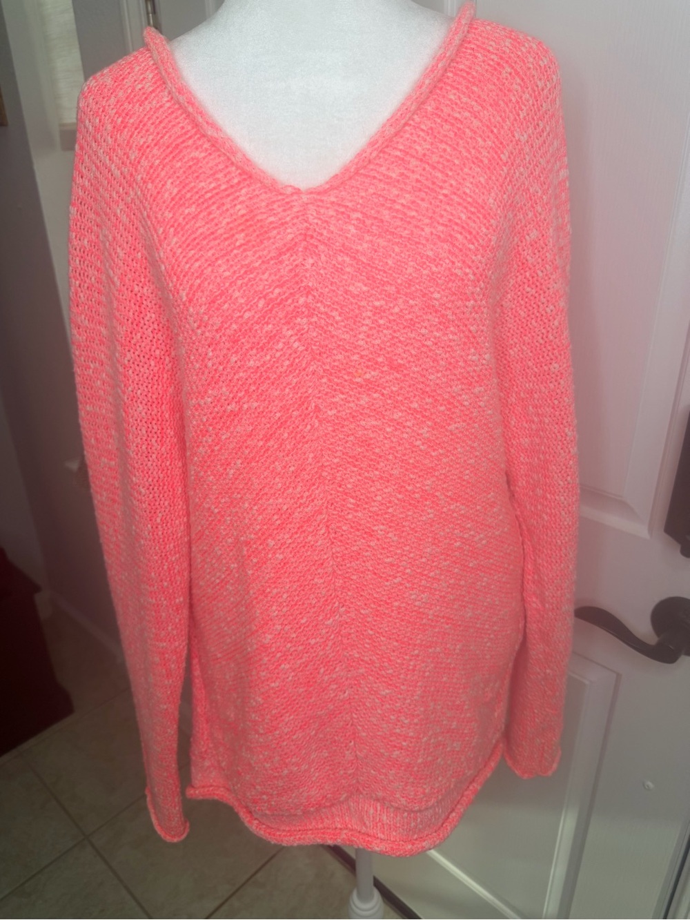 Free People Bright Lights Slouchy V-Neck Sweater in Neon Flamingo